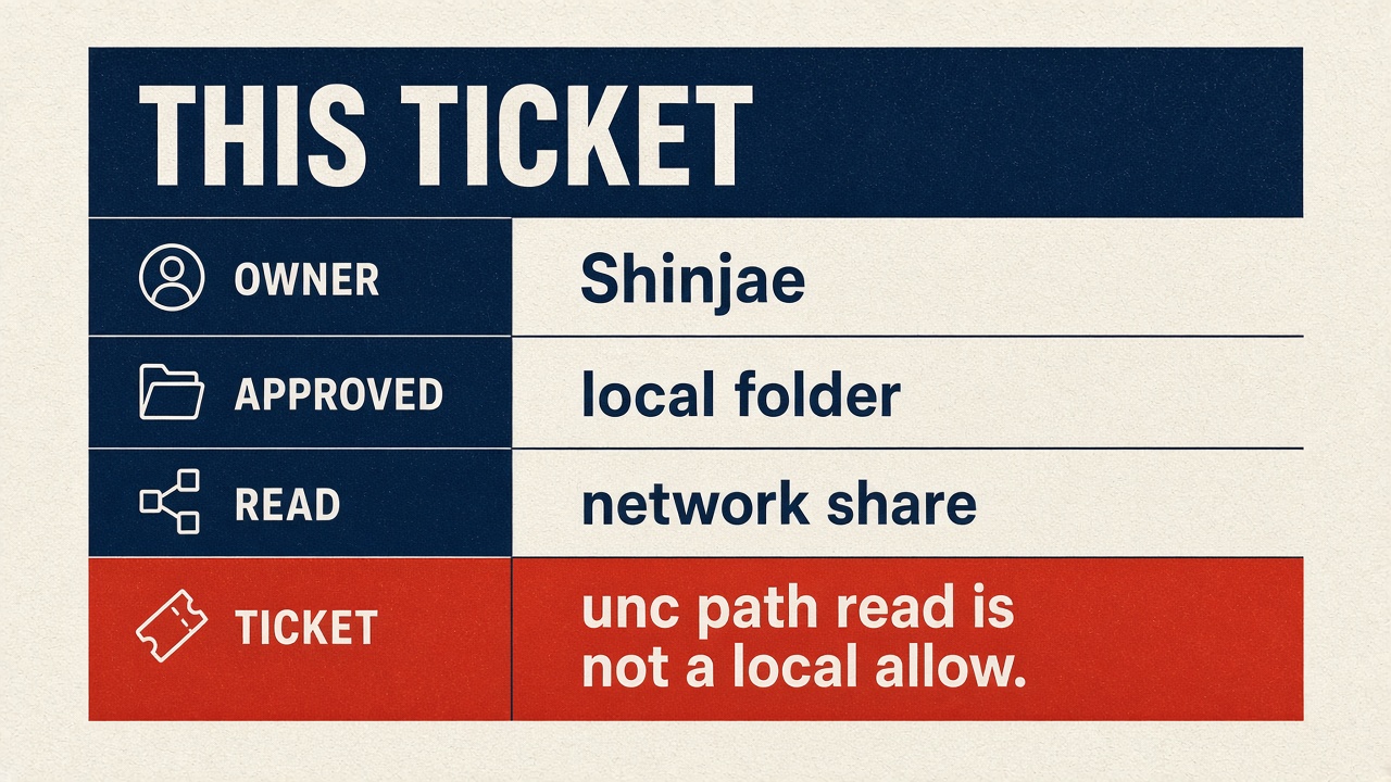 Ticket card: CLAUDE_CODE_OWNER, approved local path, network-shaped read, this ticket