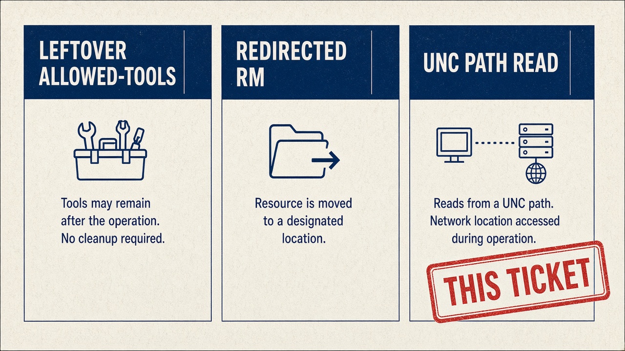 Neighbor fields: Leftover allowed-tools, Redirected rm, UNC path read marked this ticket