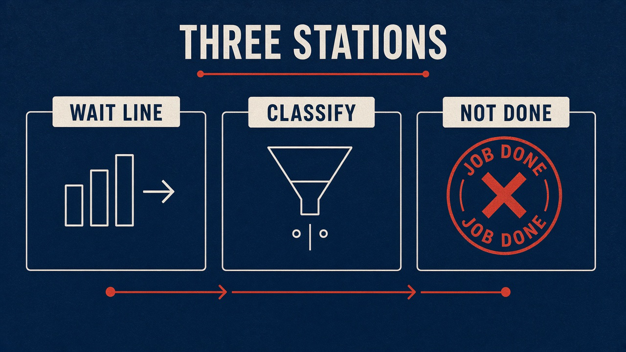 Wait line, classify, not done — job-done stamp crossed out
