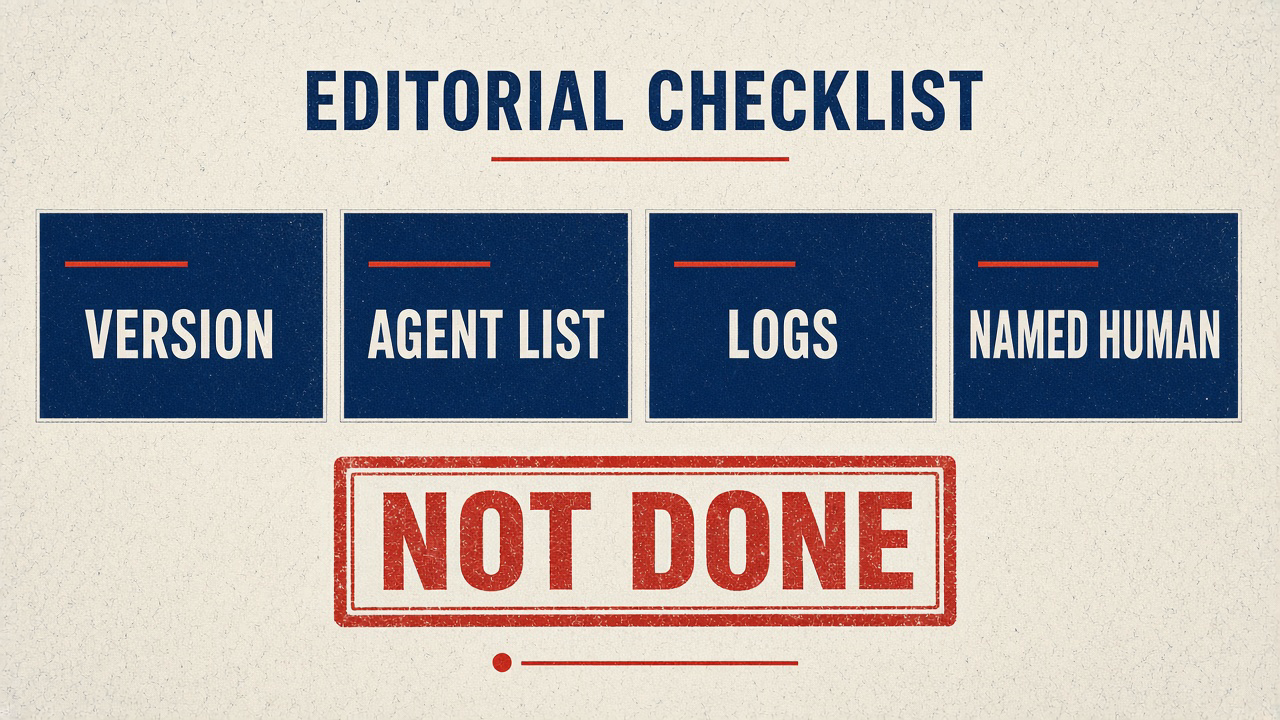 Version, agent list, logs, named human — not done